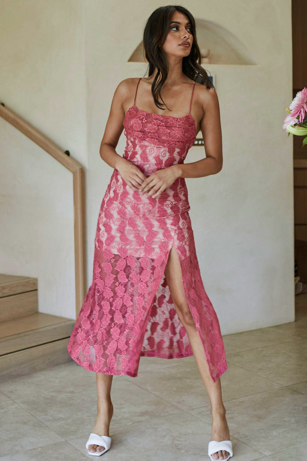 Well Versed Pleated Bust Front Split Dress Lace Rose