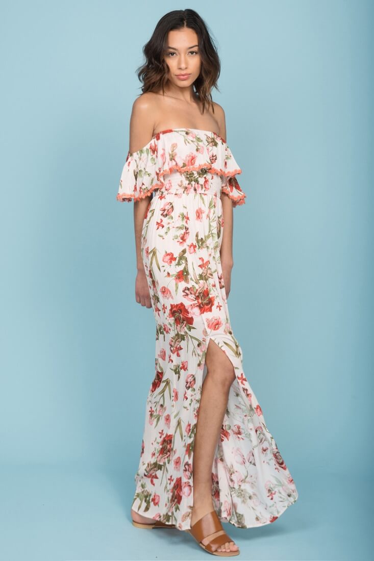 Tuscany Off The Shoulder Maxi Dress White & Red