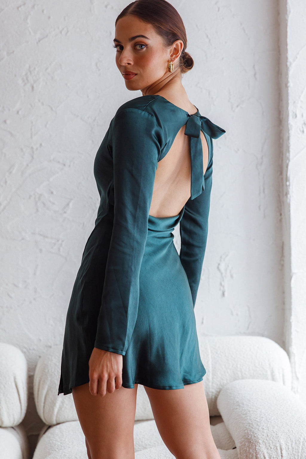 Champs Elysees Long Sleeve Open Back Mini Dress Forest Green