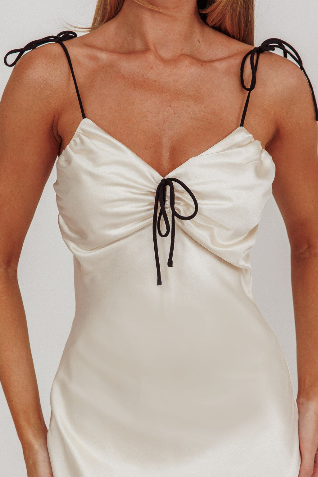 Slow Burn Tied Shoulders Satin Maxi Dress Oyster