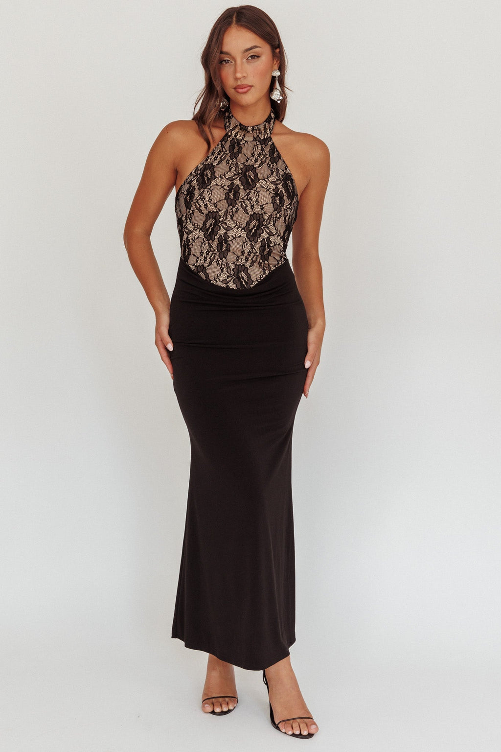 Lovelight Lace Bodice Halter Maxi Dress Black