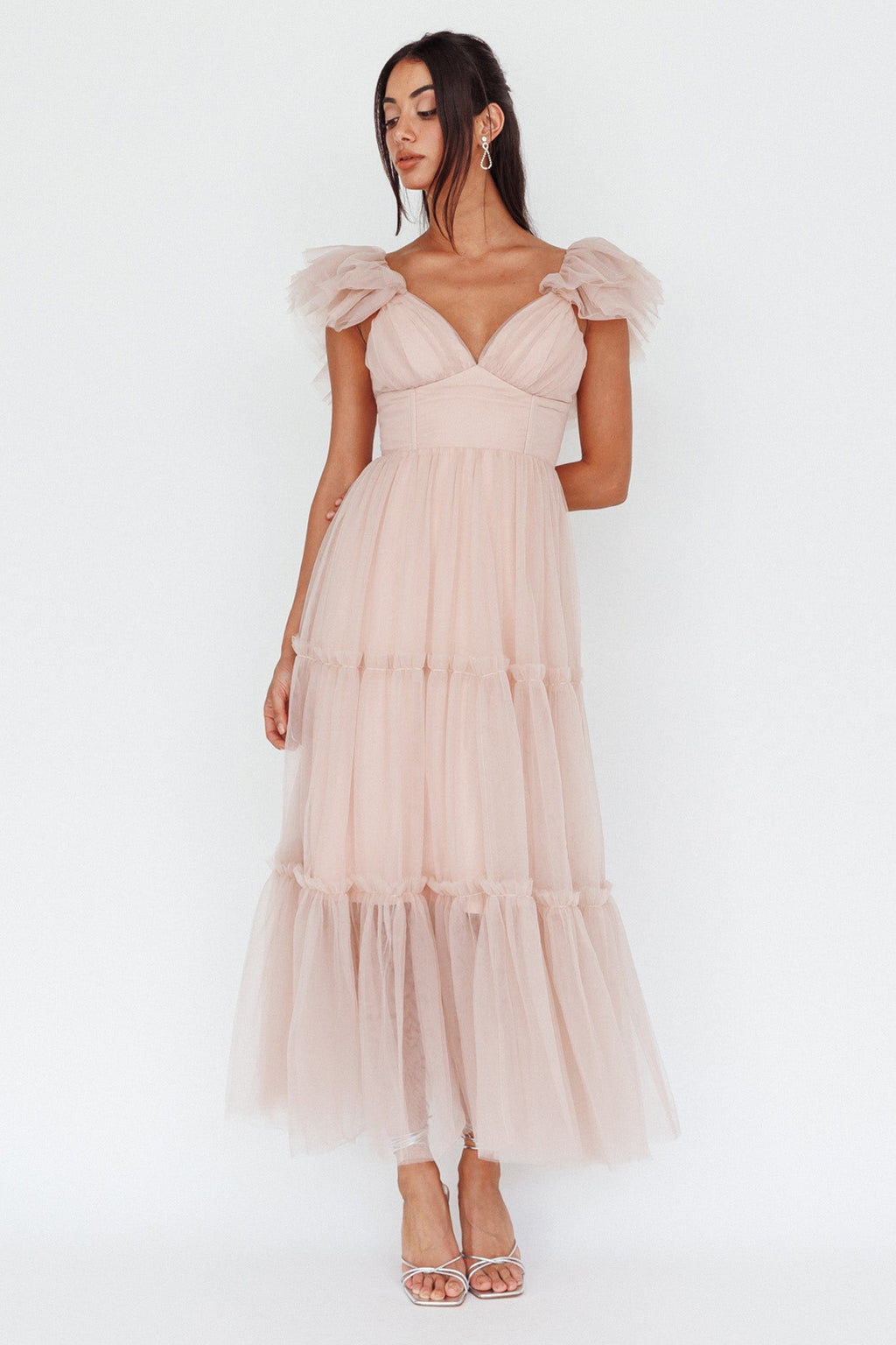 Amal Ruffle Shoulder Tulle Midi Dress Nude