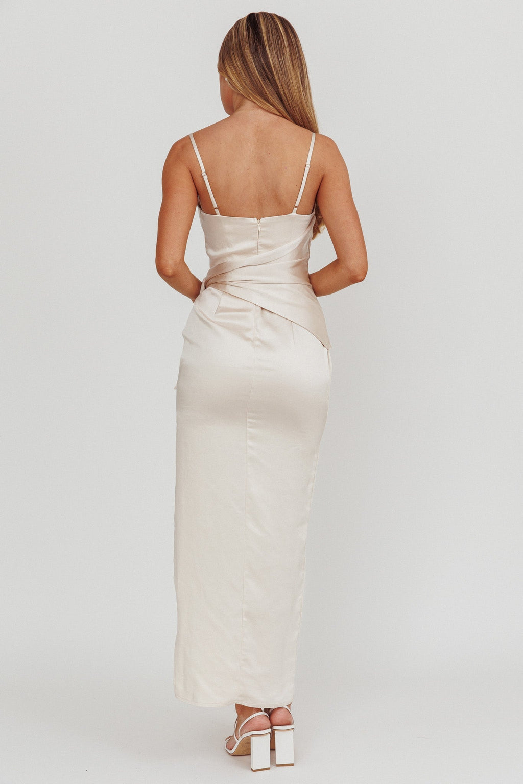 Celestine Waist Tie Satin Maxi Dress Light Champagne