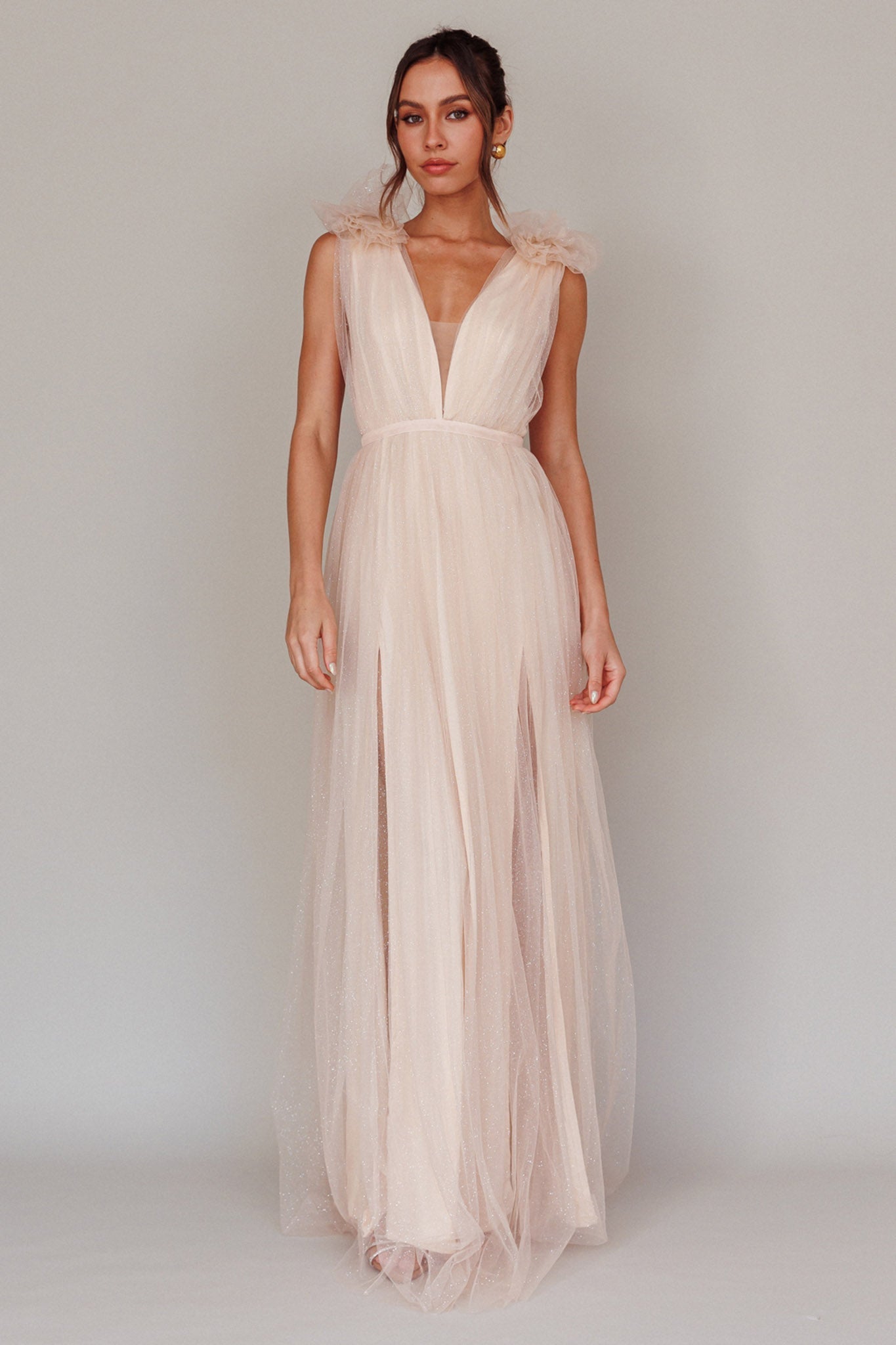 Ludivine Shoulder Accent Mesh Midi Dress Glitter Champagne