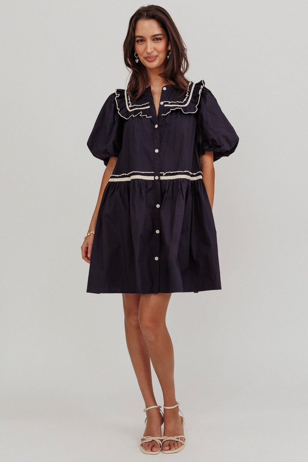Late Spring Puff Sleeves Ruffle Mini Dress Navy