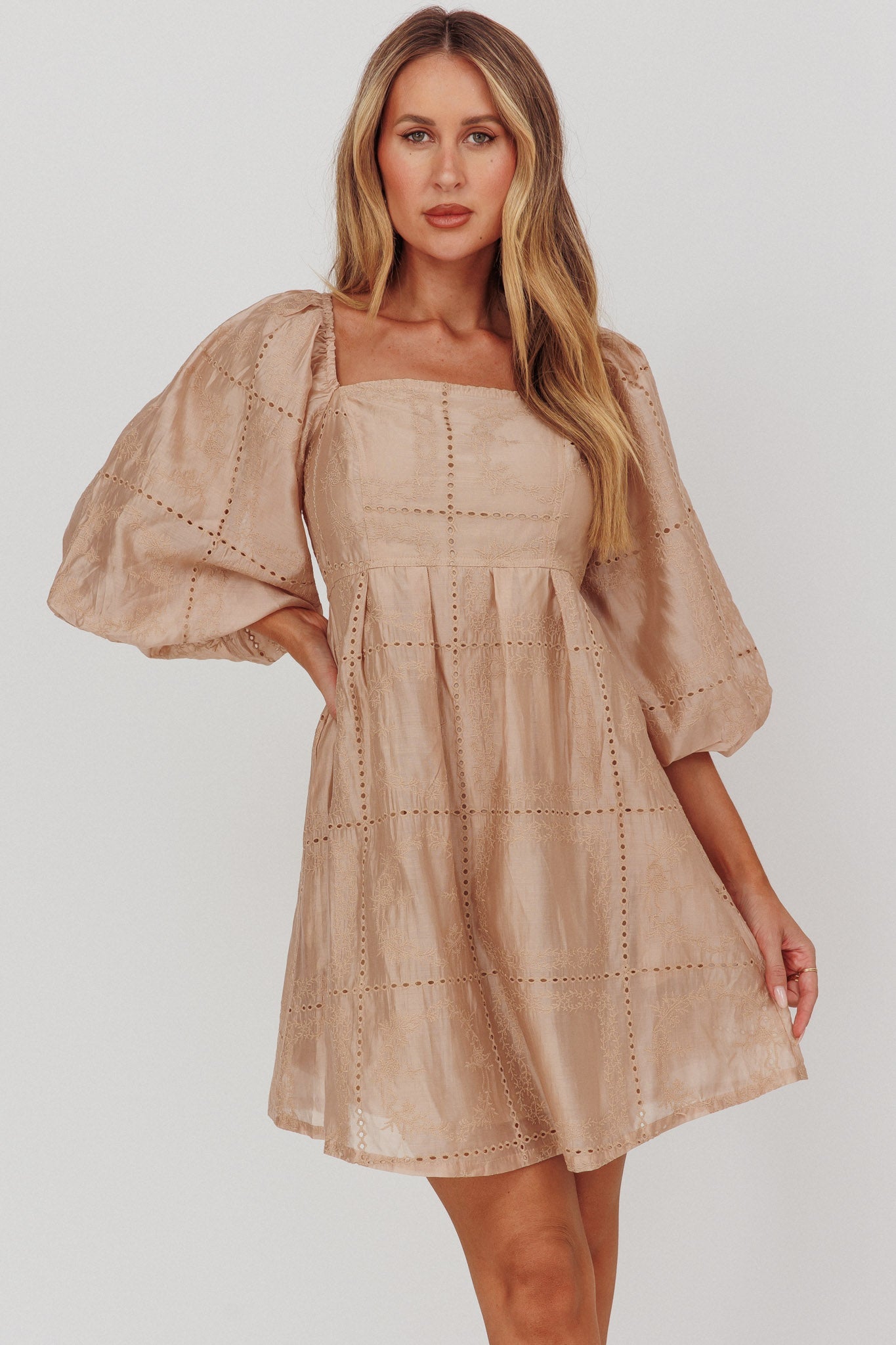 Summerlin Puff Sleeve Eyelet Mini Dress Beige