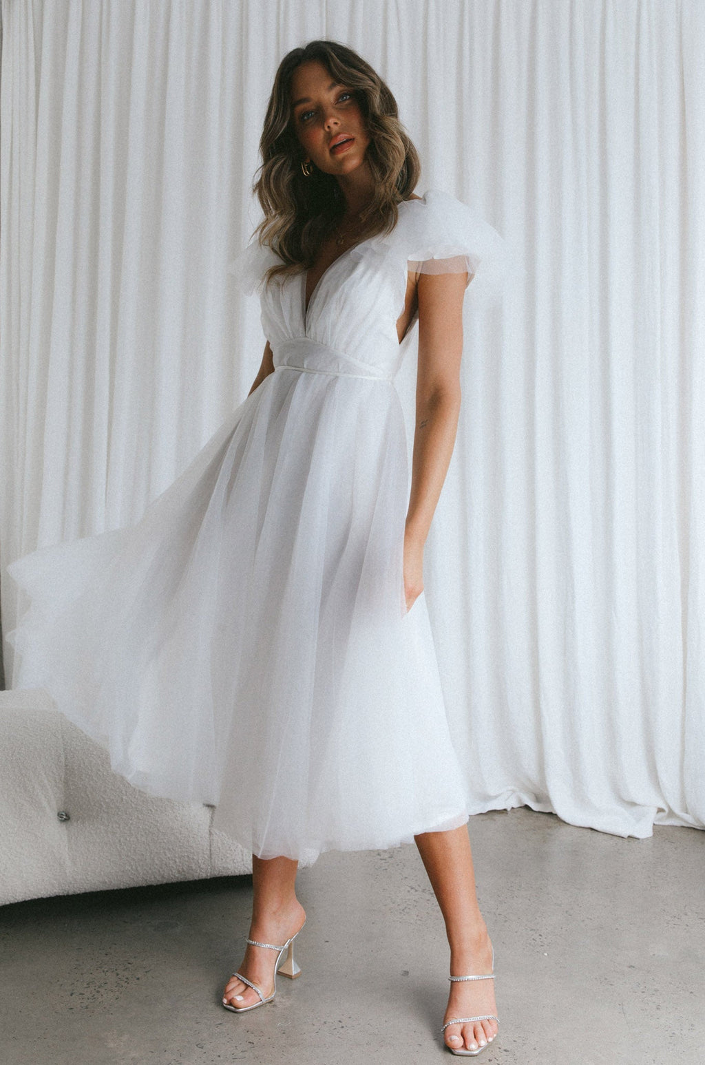 Leap Of Faith Frill Shoulder Tulle Midi Dress White