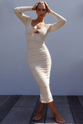 Beachside Crochet Knit Long Sleeve Midi Dress Oat