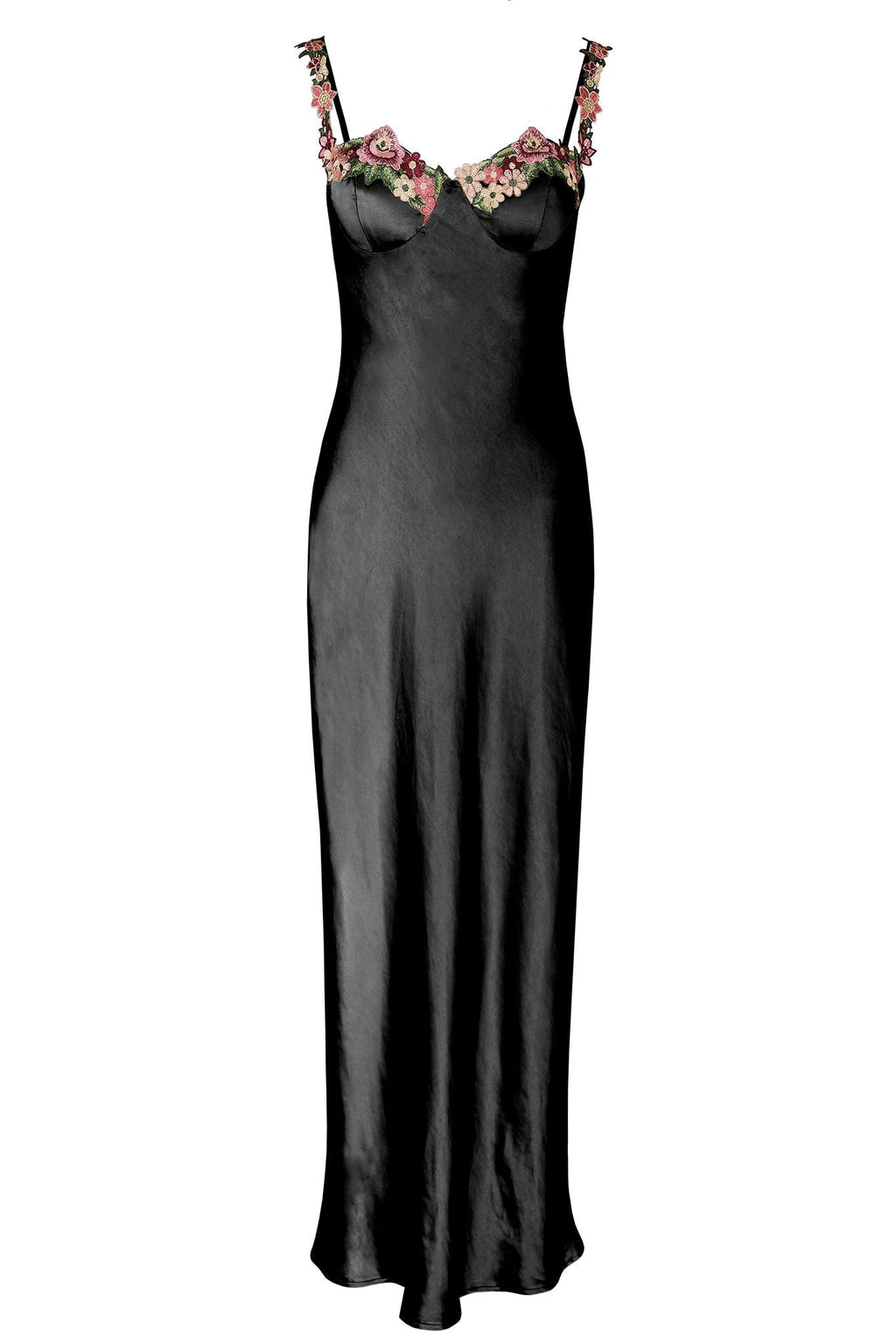Rose Garden Floral Applique Midi Dress Black