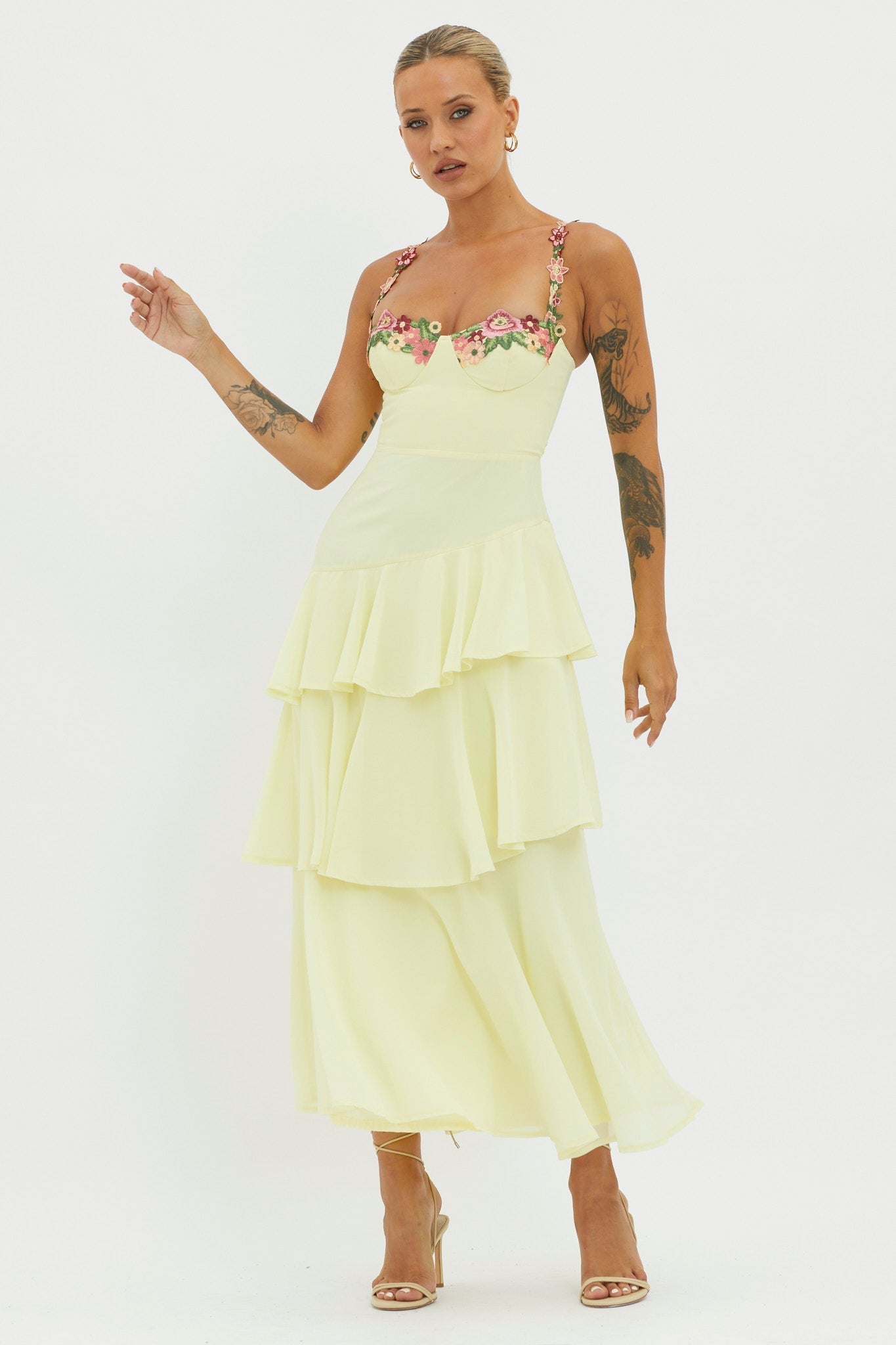 Rose Garden Tiered Ruffle Floral Trim Dress Lemon