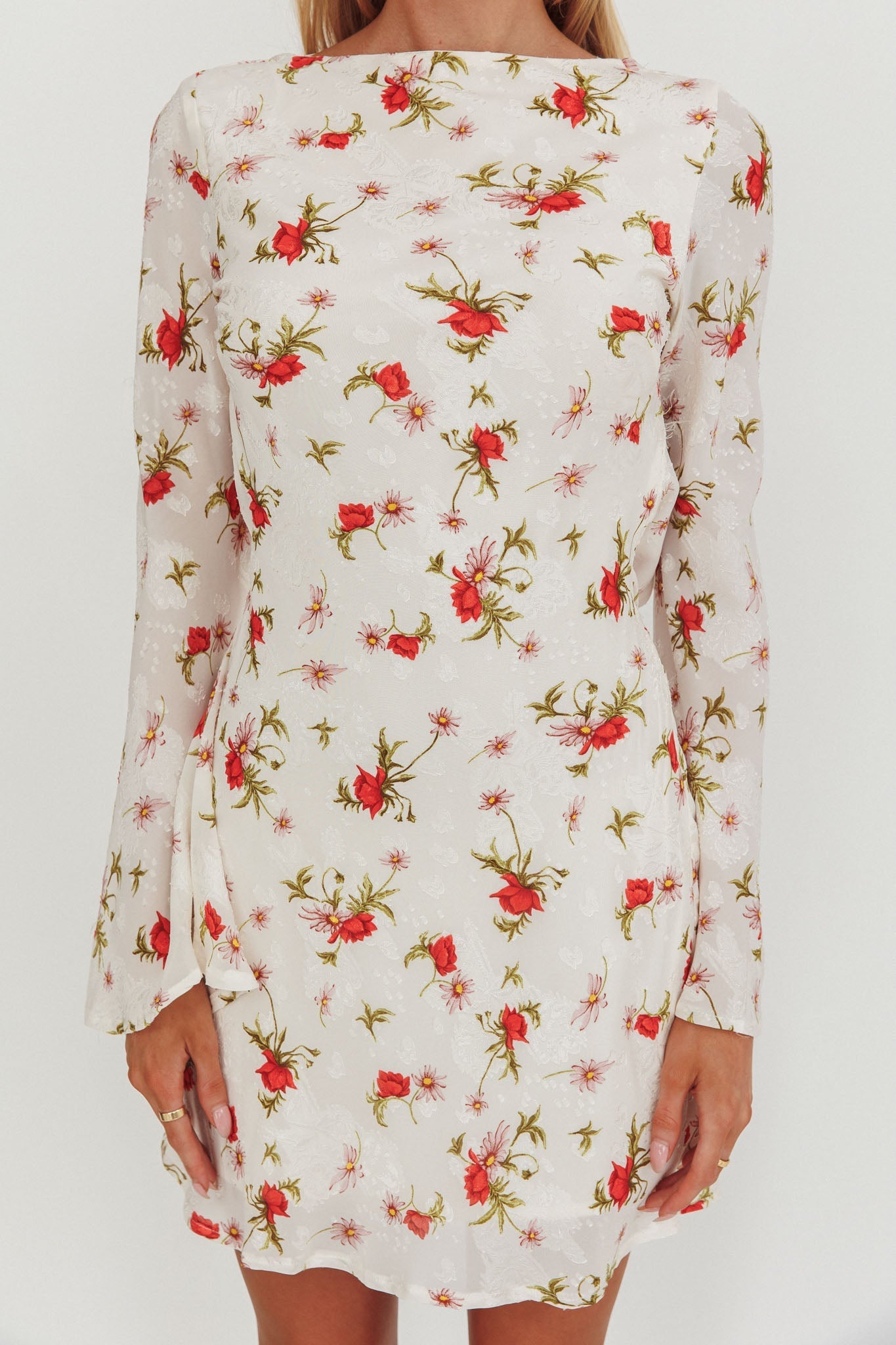 Thriller Long Sleeve Backless Mini Dress Floral White